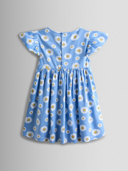 JoJo Maman Bébé Blue Daisy Print Flutter Sleeve Dress image 2