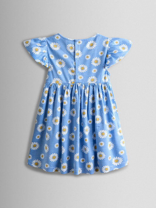 JoJo Maman Bébé Blue Daisy Print Flutter Sleeve Dress image 2