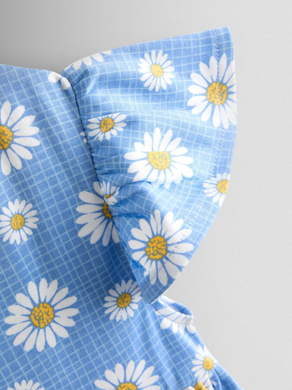 JoJo Maman Bébé Blue Daisy Print Flutter Sleeve Dress image 3