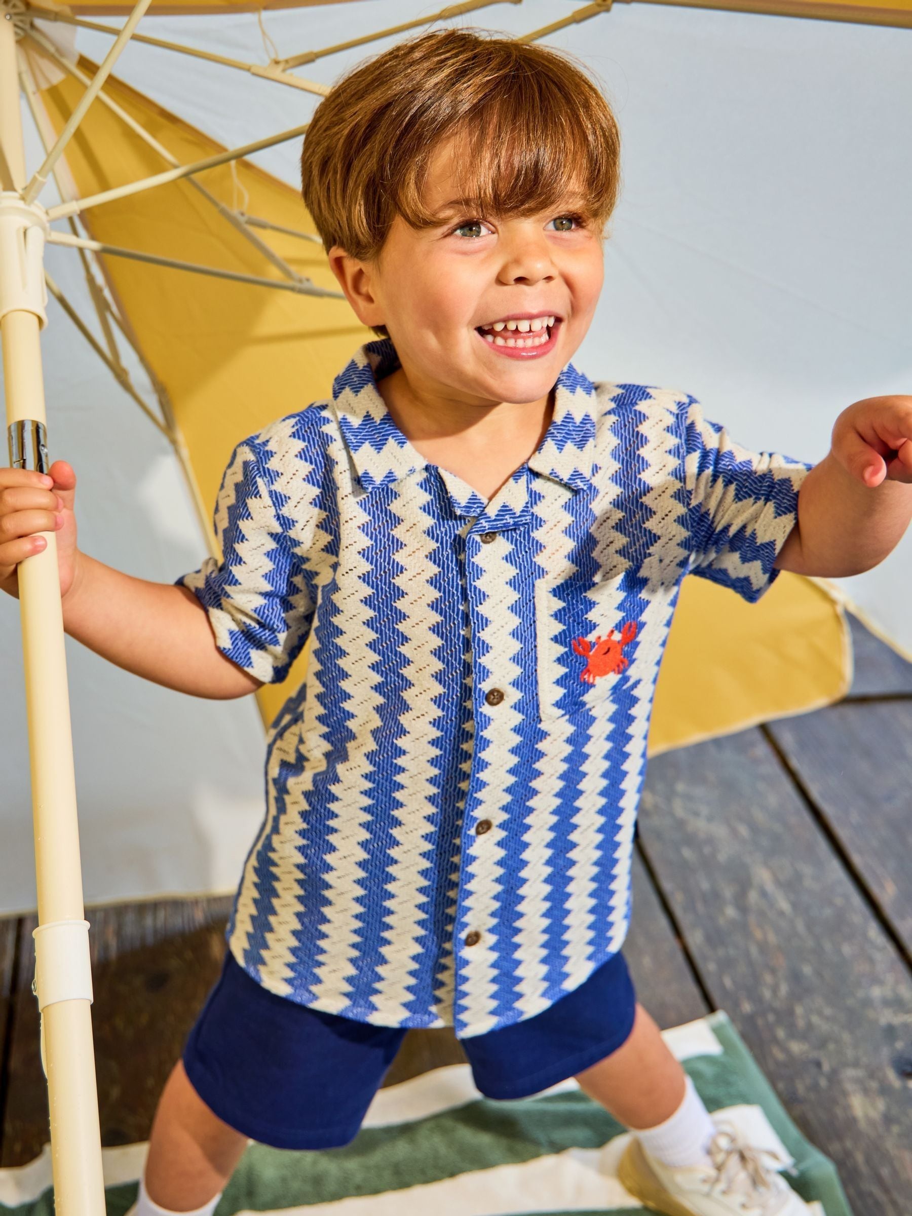 JoJo Maman Bébé Blue Zig Zag Textured Shirt & Shorts Resort Set image 1