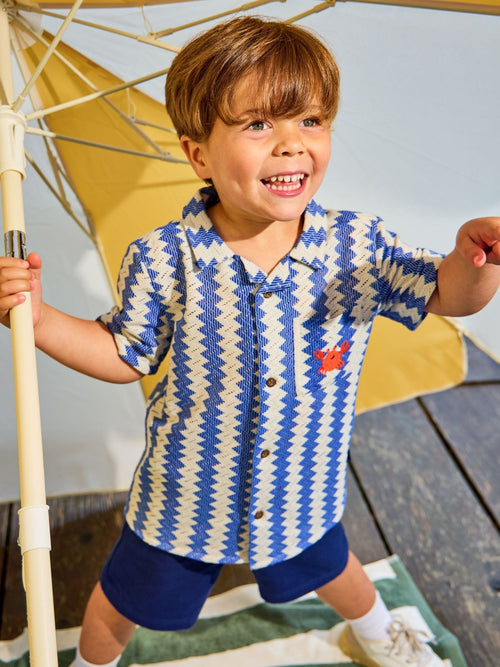 JoJo Maman Bébé Blue Zig Zag Textured Shirt & Shorts Resort Set image 1