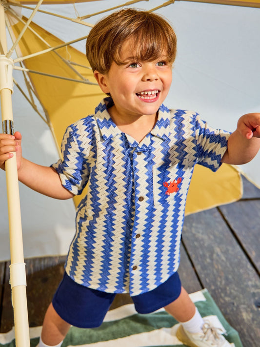 JoJo Maman Bébé Blue Zig Zag Textured Shirt & Shorts Resort Set image 1