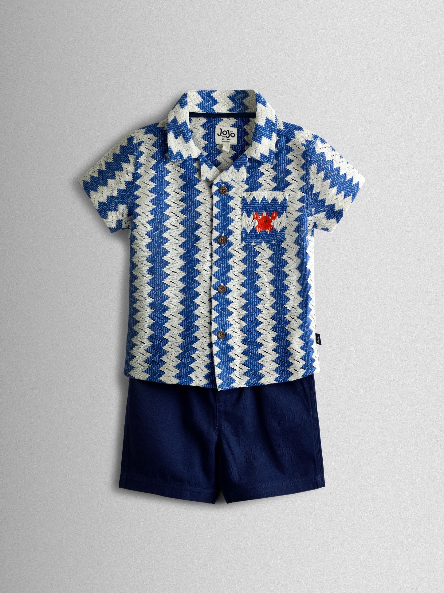 JoJo Maman Bébé Blue Zig Zag Textured Shirt & Shorts Resort Set image 2