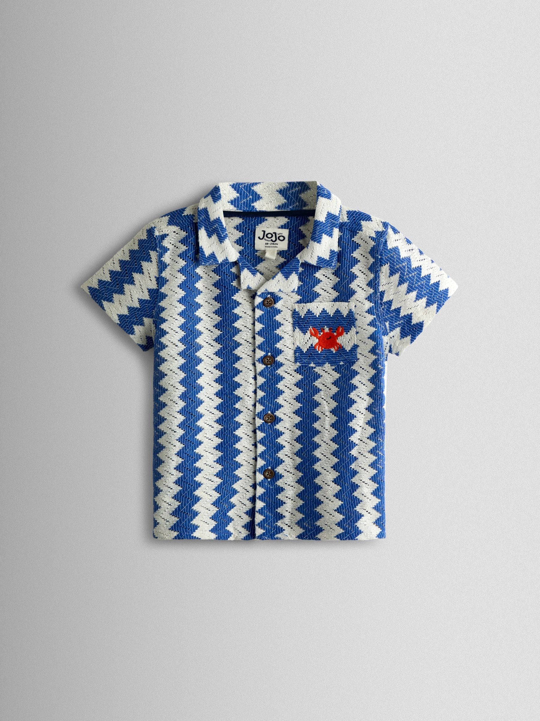 JoJo Maman Bébé Blue Zig Zag Textured Shirt & Shorts Resort Set image 3