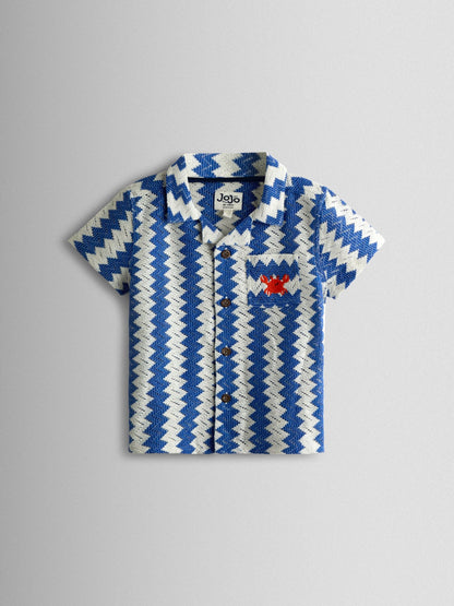 JoJo Maman Bébé Blue Zig Zag Textured Shirt & Shorts Resort Set image 3