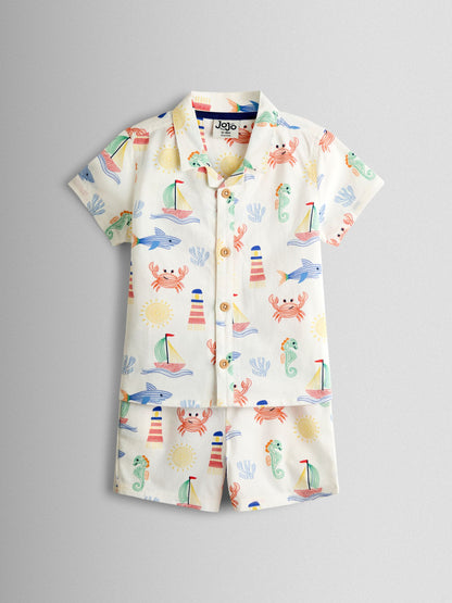 JoJo Maman Bébé Cream Seaside 2-Piece Shirt & Short Set image 2