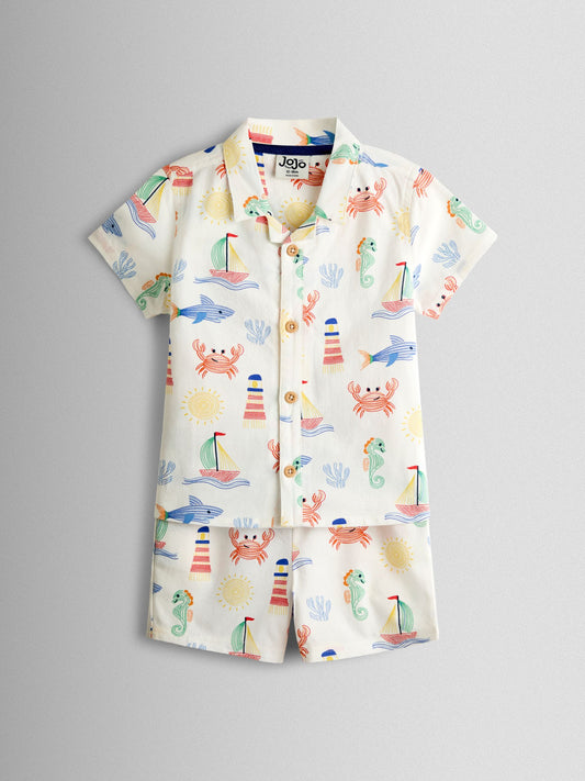 JoJo Maman Bébé Cream Seaside 2-Piece Shirt & Short Set image 2