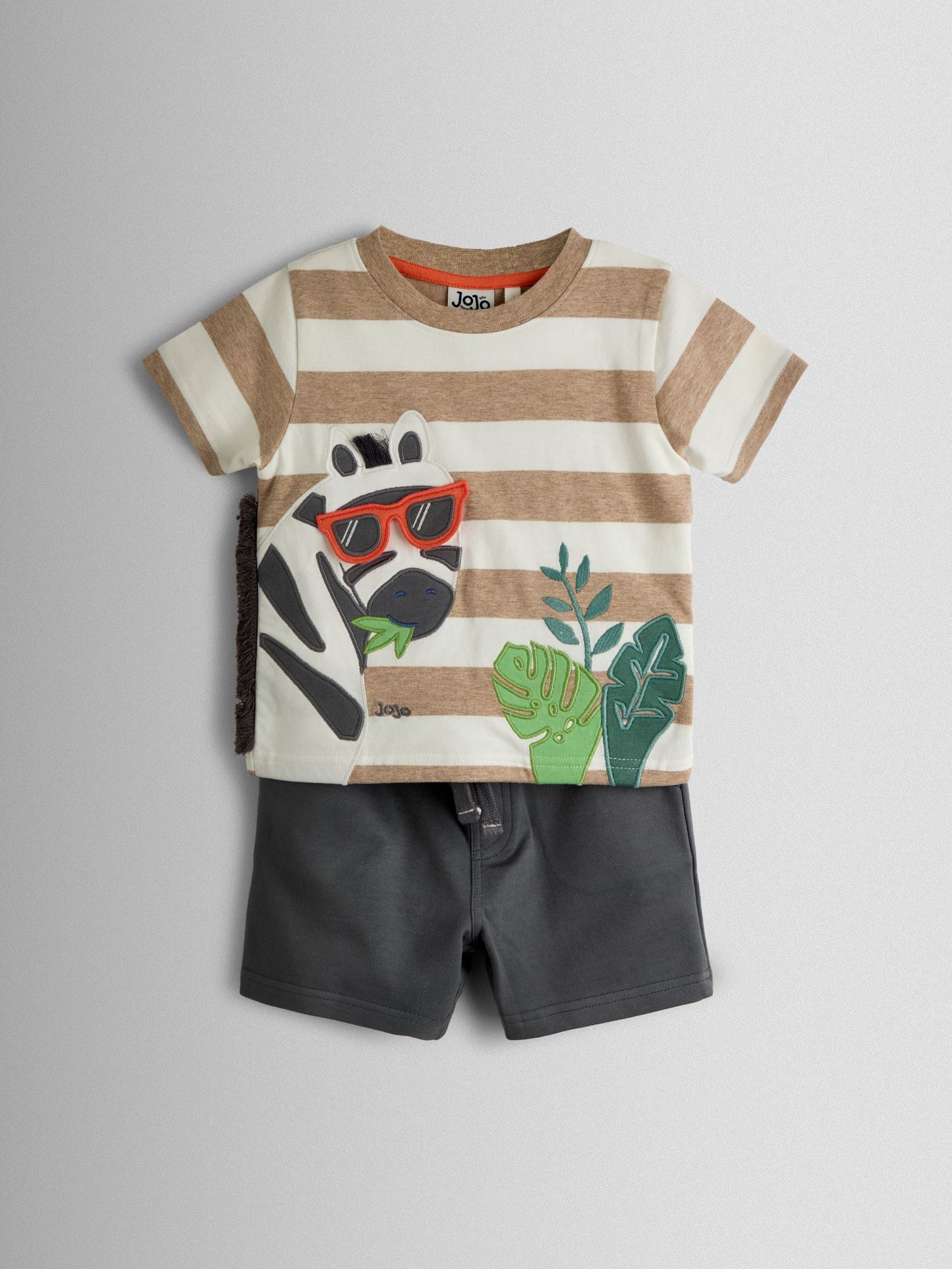 JoJo Maman Bébé Charcoal Grey Zebra 2-Piece Appliqué T-Shirt & Shorts Set image 1