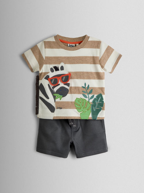 JoJo Maman Bébé Charcoal Grey Zebra 2-Piece Appliqué T-Shirt & Shorts Set image 1