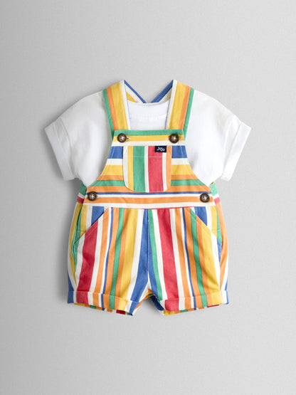 JoJo Maman Bébé Multi Colour Stripe 2-Piece Twill Dungaree Set & T-Shirt image 2