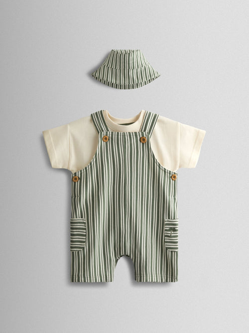 JoJo Maman Bébé Green 3-Piece Stripe Dungarees & T-Shirt Set with Hat image 1