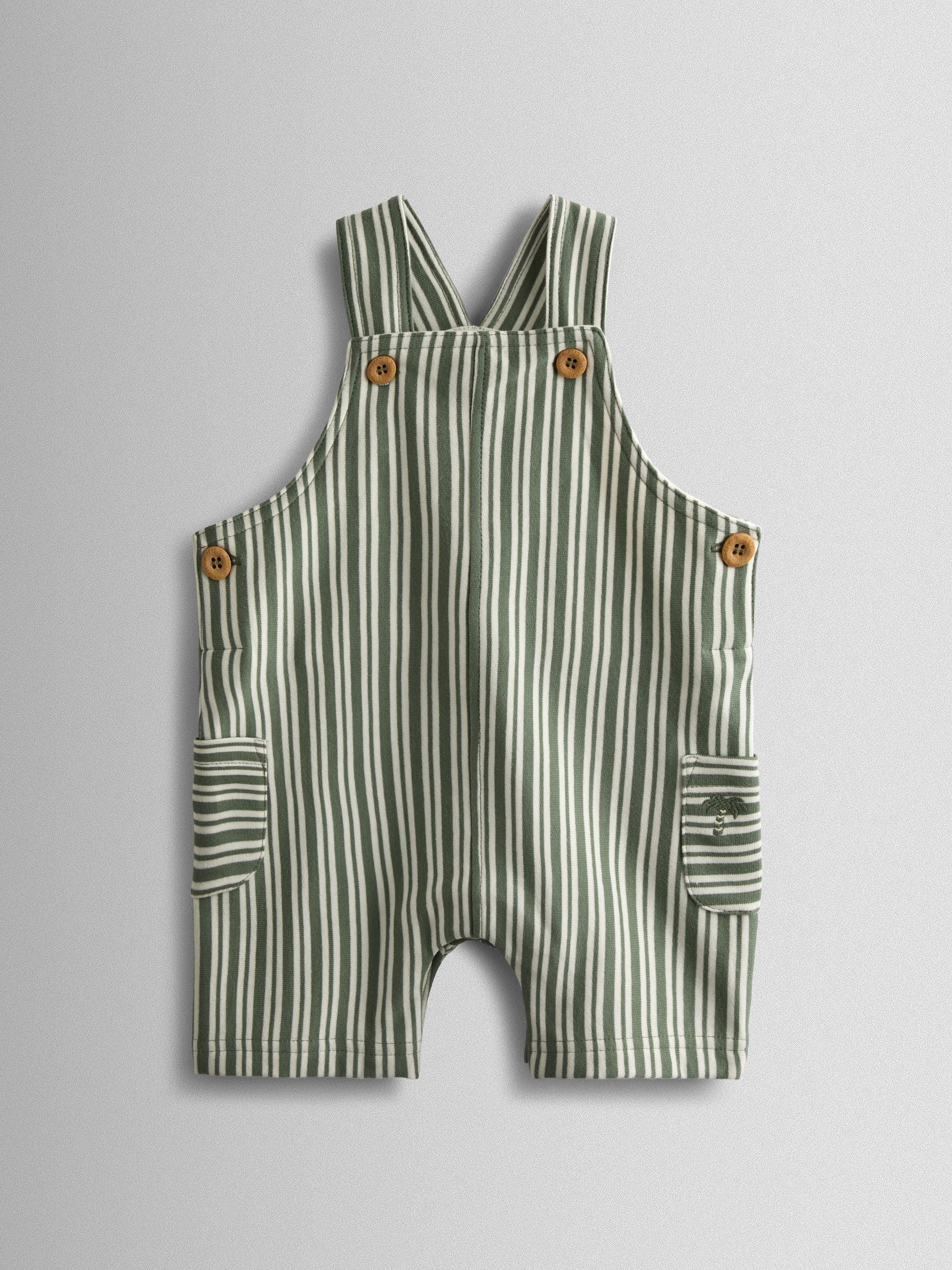 JoJo Maman Bébé Green 3-Piece Stripe Dungarees & T-Shirt Set with Hat image 2
