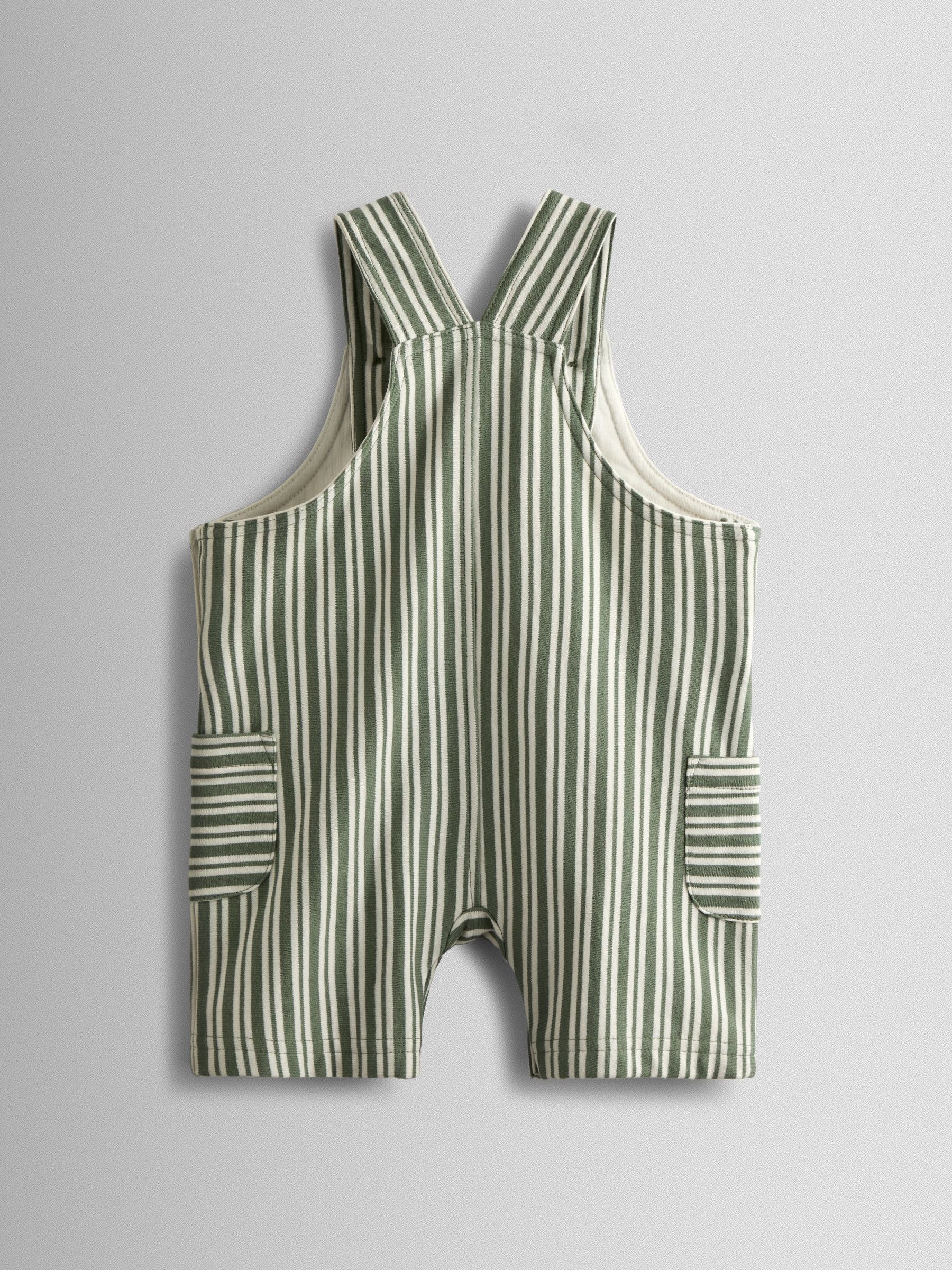 JoJo Maman Bébé Green 3-Piece Stripe Dungarees & T-Shirt Set with Hat image 3