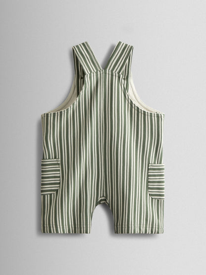 JoJo Maman Bébé Green 3-Piece Stripe Dungarees & T-Shirt Set with Hat image 3