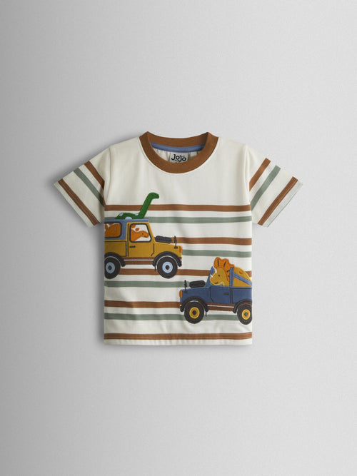 JoJo Maman Bébé Cream Dino Truck Appliqué T-Shirt image 1