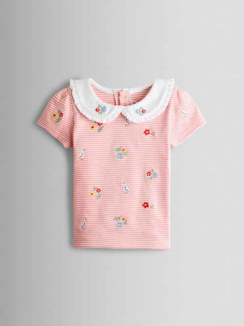 JoJo Maman Bébé Orange Embroidered Peter Pan Collar T-Shirt image 1