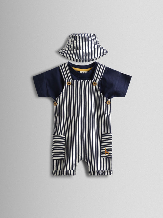 JoJo Maman Bébé Navy Blue Stripe Dungarees, T-Shirt & Hat 3-Piece Set image 1