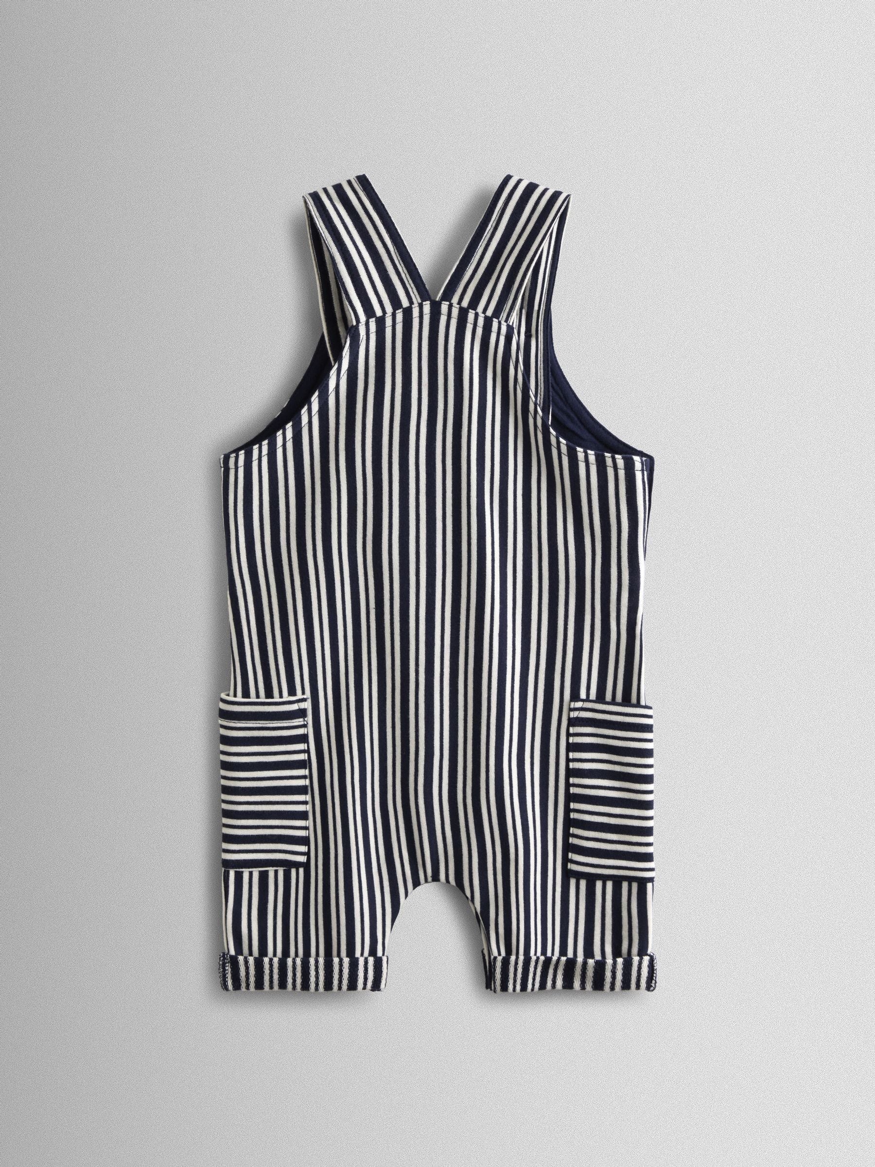 JoJo Maman Bébé Navy Blue Stripe Dungarees, T-Shirt & Hat 3-Piece Set image 5