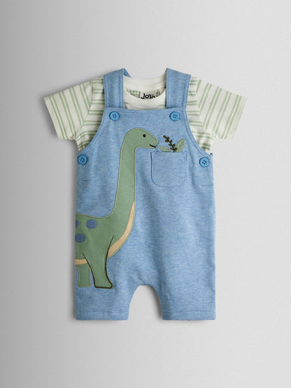 JoJo Maman Bébé Blue Dino 2-Piece Appliqué Dungarees & T-Shirt Set image 1