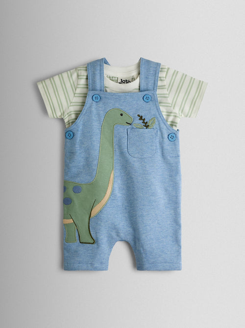 JoJo Maman Bébé Blue Dino 2-Piece Appliqué Dungarees & T-Shirt Set image 1