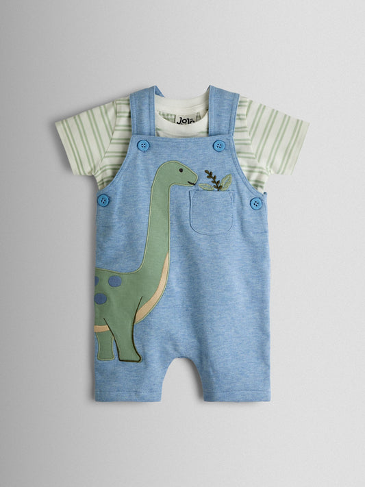 JoJo Maman Bébé Blue Dino 2-Piece Appliqué Dungarees & T-Shirt Set image 1