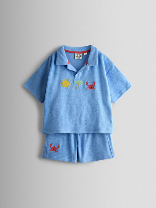 JoJo Maman Bébé Blue Crab 2-Piece Toweling Shirt & Shorts Set image 2