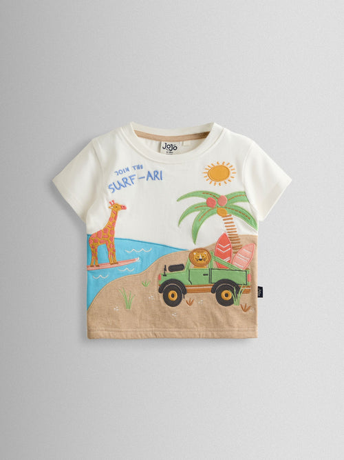 JoJo Maman Bébé Cream Surfari Scene Scene Appliqué T-Shirt image 1