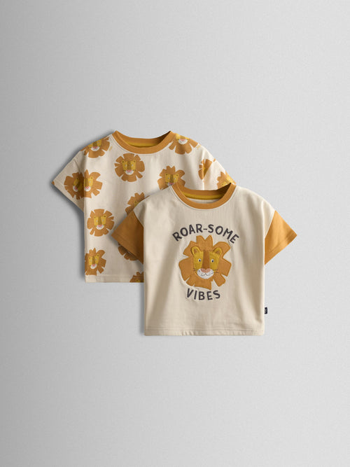 JoJo Maman Bébé Cream & Orange Roarsome Lion 2-Pack Surf Applique & Printed T-Shirts image 1
