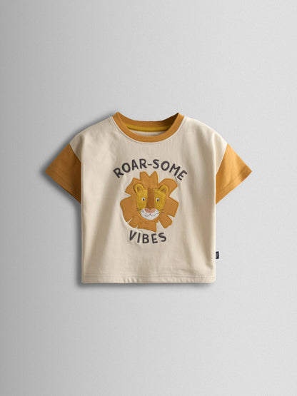 JoJo Maman Bébé Cream & Orange Roarsome Lion 2-Pack Surf Applique & Printed T-Shirts image 3