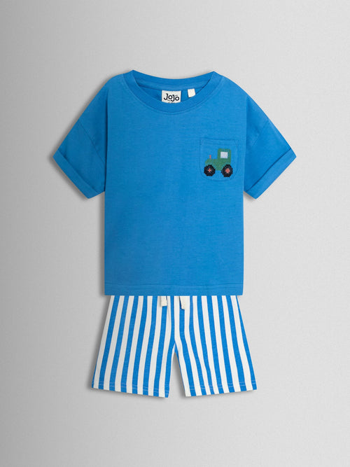 JoJo Maman Bébé Blue Tractor 2-Piece T-Shirt And Shorts Set image 1
