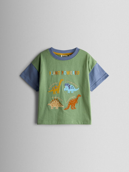 JoJo Maman Bébé Khaki Green Dino Plant Powered Applique T-Shirt image 1