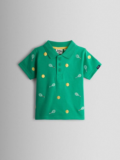 JoJo Maman Bébé Green Tennis Embroidered Polo Shirt image 1