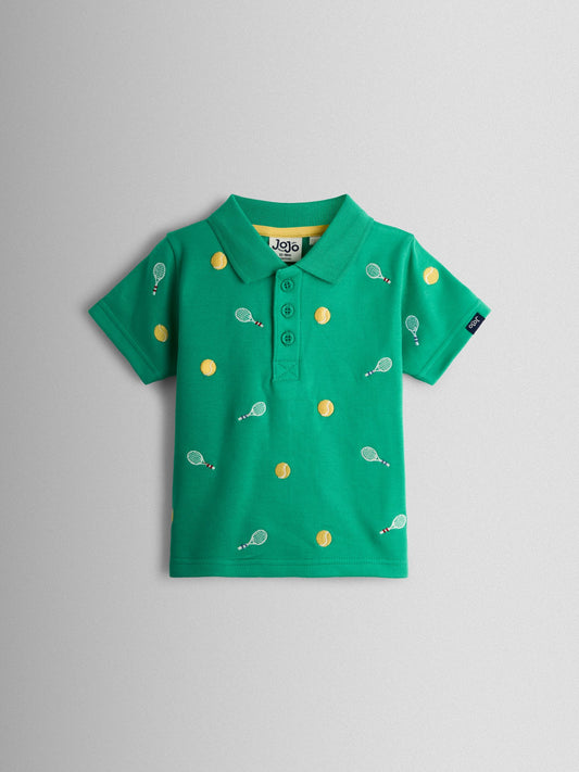 JoJo Maman Bébé Green Tennis Embroidered Polo Shirt image 1