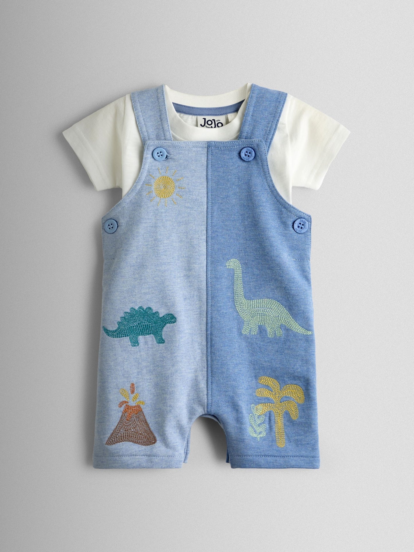 JoJo Maman Bébé Blue Marl Dino 2-Piece Appliqué Dungaree & T-Shirt Set image 1