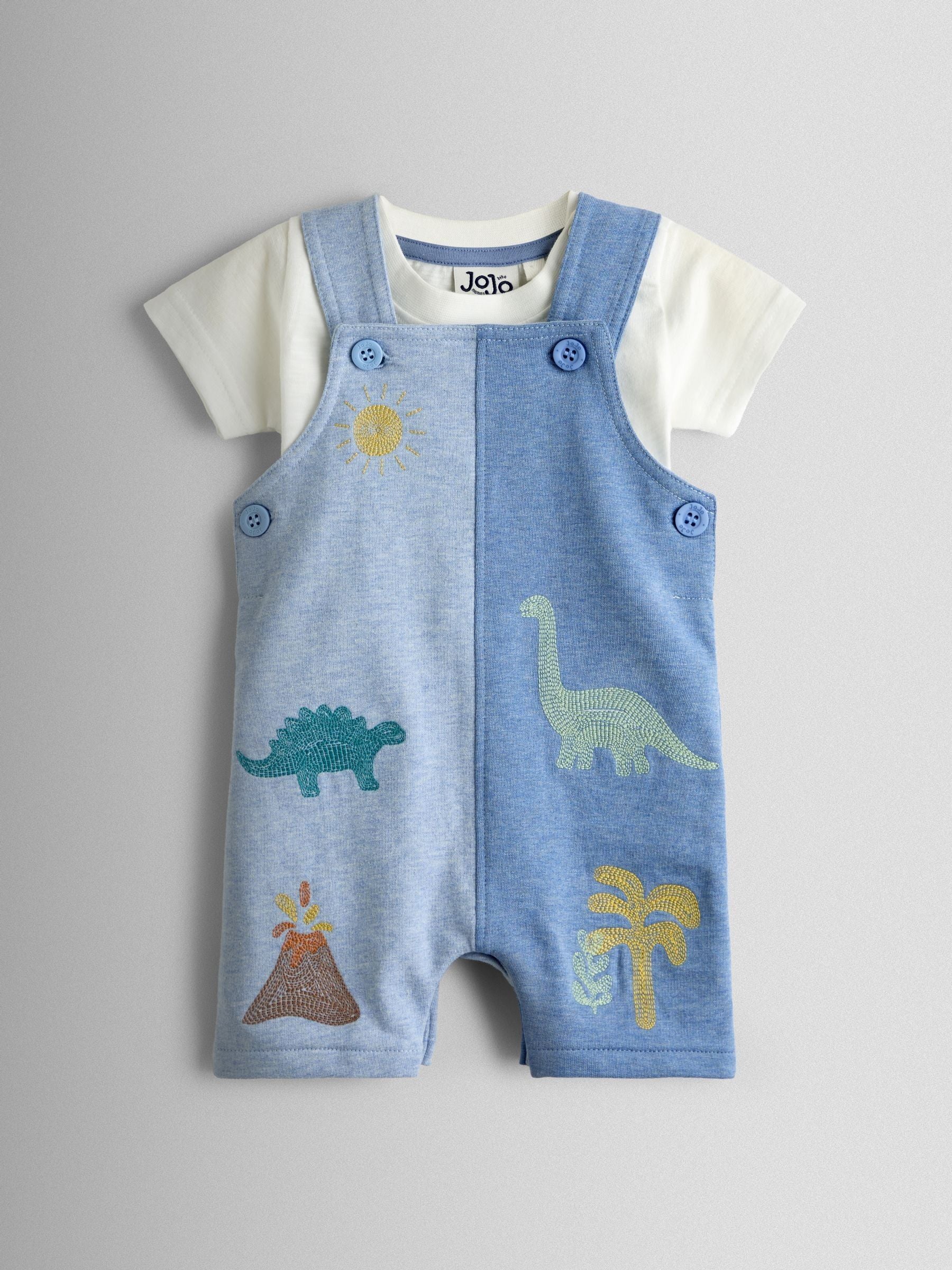 JoJo Maman Bébé Blue Marl Dino 2-Piece Appliqué Dungaree & T-Shirt Set image 1