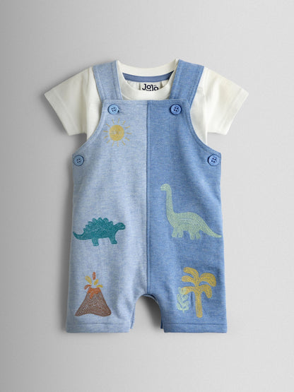 JoJo Maman Bébé Blue Marl Dino 2-Piece Appliqué Dungaree & T-Shirt Set image 1