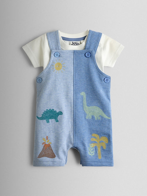 JoJo Maman Bébé Blue Marl Dino 2-Piece Appliqué Dungaree & T-Shirt Set image 1
