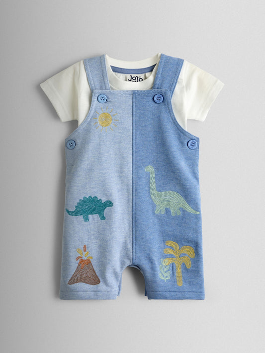 JoJo Maman Bébé Blue Marl Dino 2-Piece Appliqué Dungaree & T-Shirt Set image 1