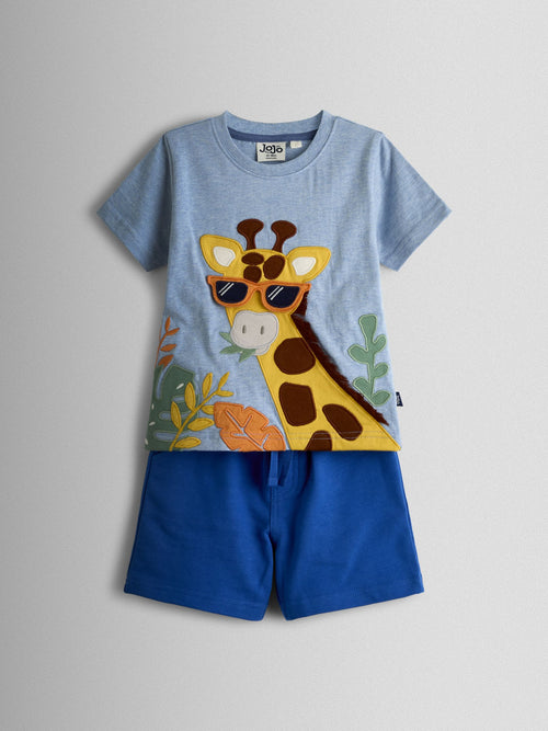 JoJo Maman Bébé Blue Giraffe Appliqué T-Shirt & Shorts Set 2 Piece image 1