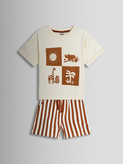 JoJo Maman Bébé Tan Brown Safari Printed T-Shirt & Shorts Set image 1