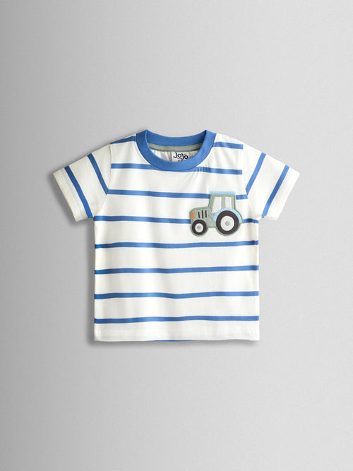 JoJo Maman Bébé White & Blue Tractor Pocket Appliqué T-Shirt image 1