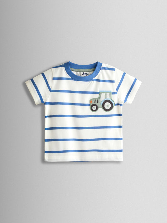 JoJo Maman Bébé White & Blue Tractor Pocket Appliqué T-Shirt image 1