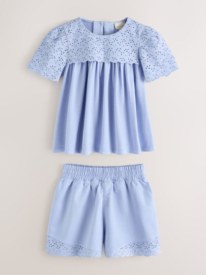 Laura Ashley Blue Broderie Anglaise Frill Top and Shorts Set image 8