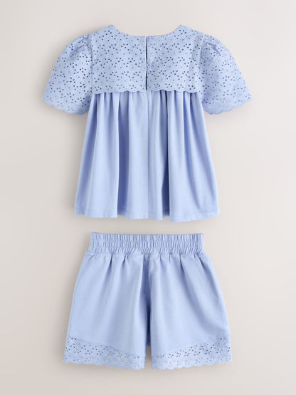 Laura Ashley Blue Broderie Anglaise Frill Top and Shorts Set image 9