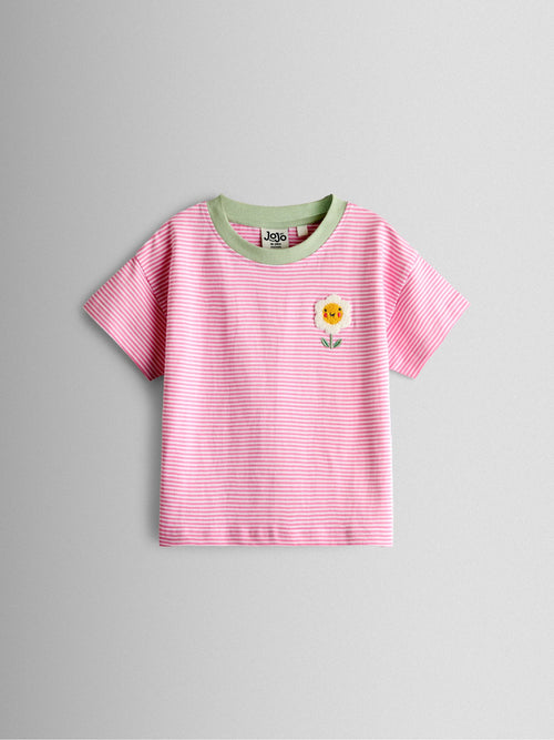 JoJo Maman Bébé Pink Daisy Striped Relaxed T-shirt image 1