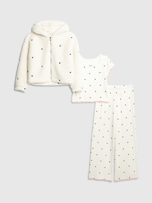 River Island White Girls 3 Piece Heart Print Hoodie Pyjamas Set