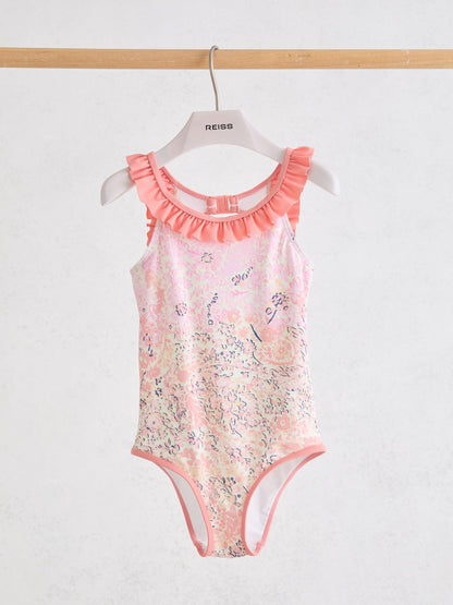 Reiss Pink Print Zuri 9-13 yrs Floral-Print Frill-Trim Swimsuit image 1