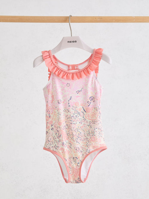 Reiss Pink Print Zuri 9-13 yrs Floral-Print Frill-Trim Swimsuit image 1