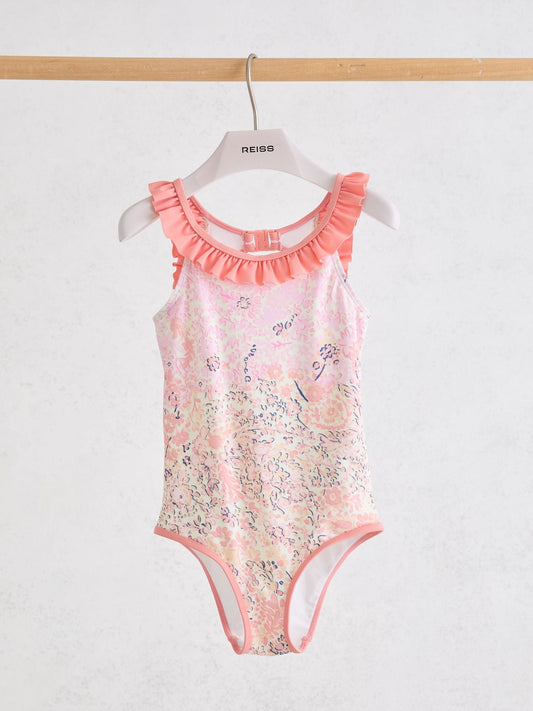 Reiss Pink Print Zuri 9-13 yrs Floral-Print Frill-Trim Swimsuit image 1
