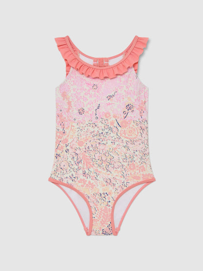 Reiss Pink Print Zuri 9-13 yrs Floral-Print Frill-Trim Swimsuit image 2